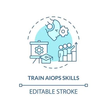 2D thin linear blue train AI ops skills icon Illustrazione stock