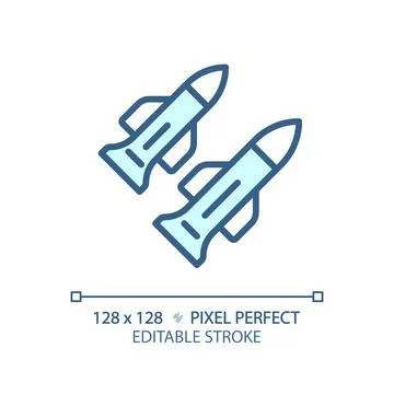 2D thin linear pixel perfect simple blue missile icon Stock Illustration