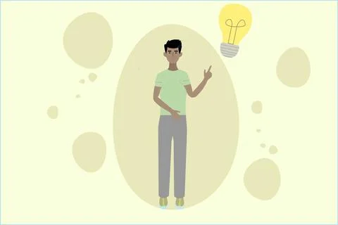 2D vector illustration of man pointing at light bulb having idea Illustrazione stock