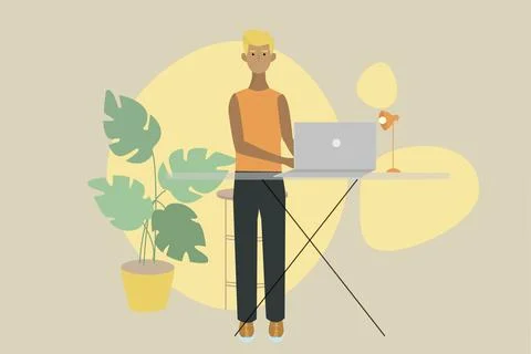 2D vector illustration of woman using computer working on project Stock Illustration