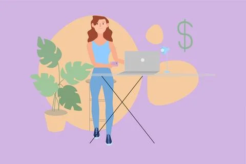 2D vector illustration of woman using computer and shopping online Stock Illustration