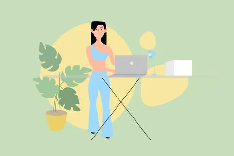 2D vector illustration of woman using computer working on project Stock Illustration