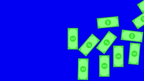 2d vertical animation of falling dollar bills on chroma key blue screen Video stock 139921966