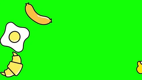 2d vertical animation of falling food items scrambled eggs, juice, sausage, ice Stock Footage 138610694
