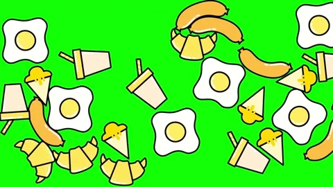 2d vertical animation of falling food items scrambled eggs, juice, sausage, ice 動画素材 139922059