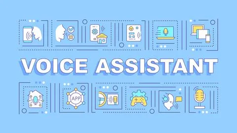 2D voice assistant text with multicolor thin line icons 库存插图