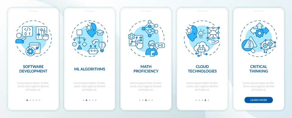 2D walkthrough AI engineer with blue icons Stock Illustration