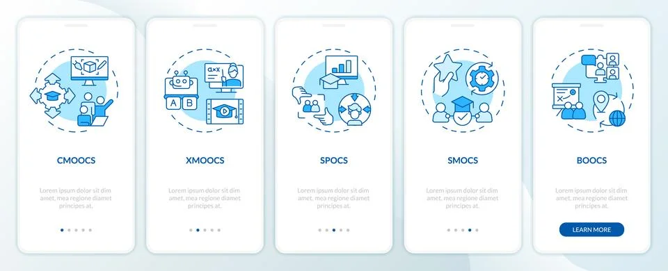 2D walkthrough MOOC with blue linear icons Illustrazione stock