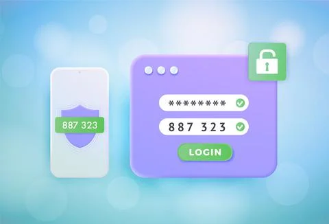 2FA 2-step authentication 3d vector concept. Two steps Verification SMS code Stock Illustration