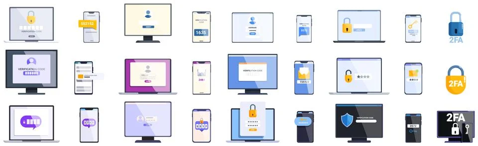 2fa icons set. People using different devices for two factor authentication Stock Illustration