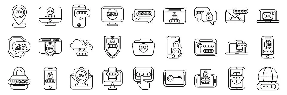 2fa icons set. Protecting digital data with two factor authentication, ensuri Stockillustratie