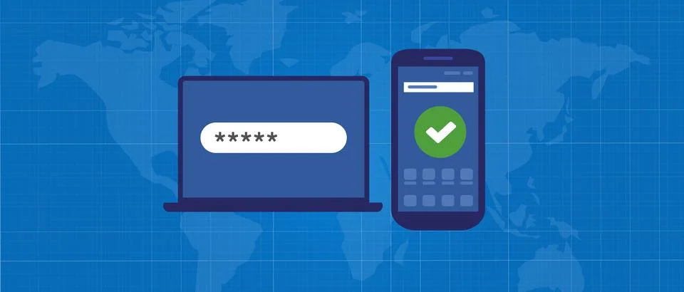 2FA two factor authentication laptop screen password and phone permission Stock Illustration