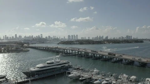 2k 60fps FLAT Aerial Miami Cuaseway with Yachts and Boats Stock Footage 106697341