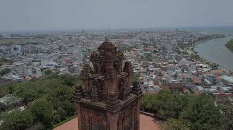 2K Aerial close-up view of the ancient Nhan Tower in Vietnam Stock Footage 97865680