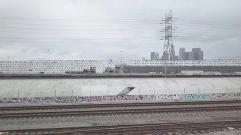 2k Aerial of LA river during Covid-19of skyline in Los Angeles near LA river Video stock 248408699