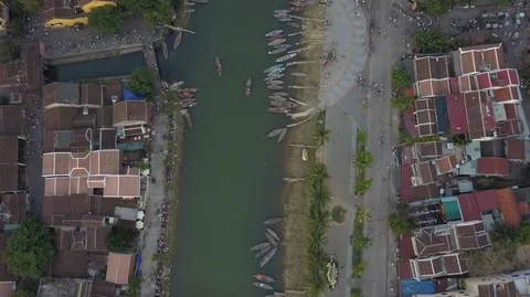 2K Aerial overhead view of the river in ancient Hoi An Stock Footage 97880648