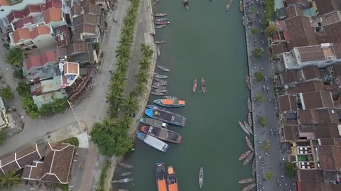 2K Aerial overhead view of the river with some tour boats on water Stock Footage 97881239