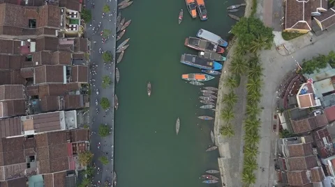 2K Aerial overhead view of the river with boats on water in Hoi An Stock Footage 97881569