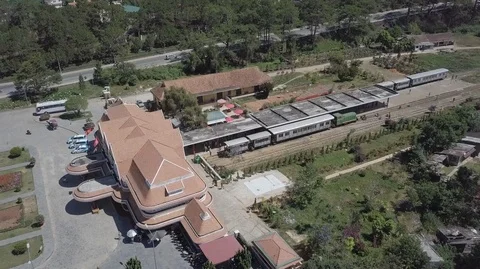 2K Aerial top view of ancient Railway station in Da Lat Stock Footage 97858586
