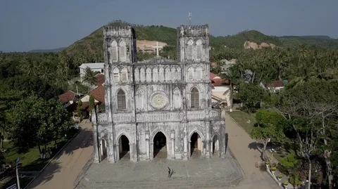 2K Aerial top view of the ancient catholic Mang Lang Church in Vietnam Stock Footage 97865417