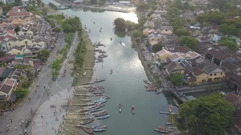 2K Aerial top view of the river and bridge with boats on water in Hoi An Stock Footage 97881478