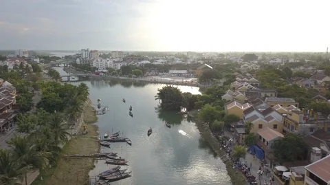 2K Aerial top view of the river and bridge with boats on water in Hoi An Stock-Footage 97881810