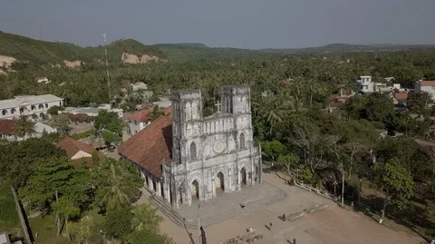 2K Aerial view of the ancient catholic Mang Lang Church in Vietnam Stock Footage 97865863