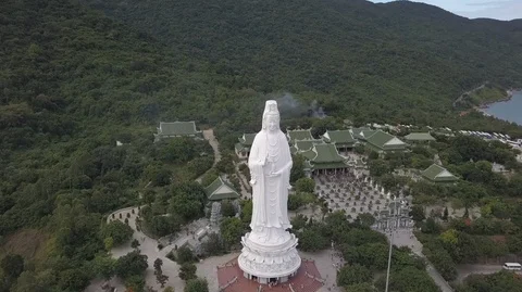 2K Aerial View of White Big Buddha in Da Nang Vietnam Stock Footage 97863644