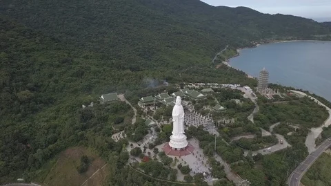 2K Aerial View of White Big Buddha in Da Nang Vietnam Stock Footage 97863733