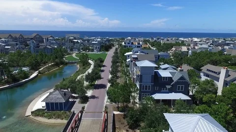 2K Drone Fly Over Luxury Neighborhood and Out to Ocean Stock Footage 123087042