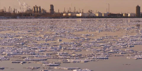 2K - Sunset Floating Lake Ice time-lapse with oil industry Stock-Footage 37661177