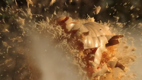 2K Super slow motion. The bullet hits the pumpkin. Pumpkin explodes. Video stock 92537058