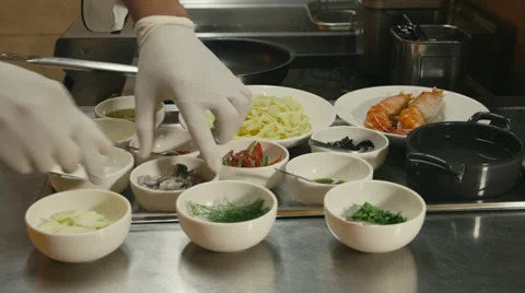 2of27 Chef cooking in restaurant kitchen, cook preparing food, pasta Stock Footage 38204970