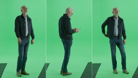 3-in-1 Green Screen Collage: Handsome Middle Aged Man Standing, Using Smartphone 스톡 동영상 129384185