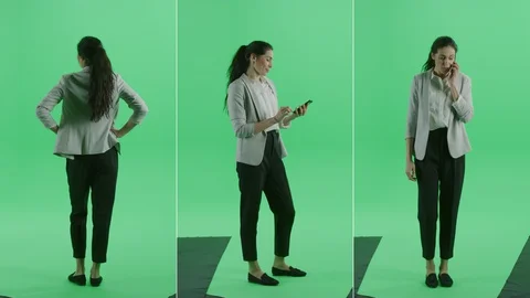 3-in-1 Split Green Screen Collage: Stylish Beautiful Woman Uses Smartphone Stock Footage 129381640