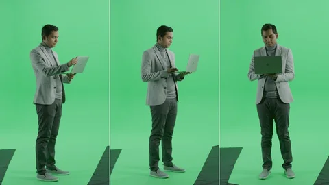 3-in-1 Split Green Screen Collage: Handsome Indian Businessman Using Laptop Stock Footage 129382413