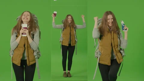 3-in-1 Split Green Screen Woman Tourist in the Hands of With Tickets, Passport Stock Footage 220755903