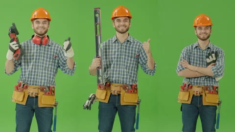 3-in-1 Split Green Screen. Young Builder in Hardhat, Headphones Using Work Tool Stock Footage 224721271