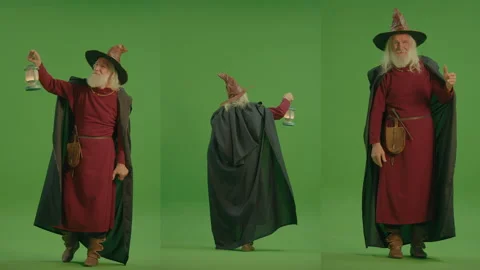 3-in-1 Split Green Screen Montage. A Wizard Walks With a Lamp and Looks Around. Video stock 236637906