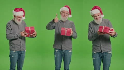 3-in-1 Split Green Screen Montage.An Old Man in a Santa Hat with a Red Gift Box. Stock Footage 249359711