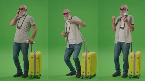 3-in-1 Split Green Screen Montage.An Old Man Tourist is Standing at the Airport. Stock Footage 249563014