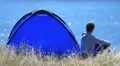 3 in 1 video! Man sit, stand near camping tent by sea (lake) and fog background 4k or 4k+ Resolution