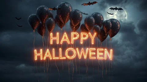 3 46 A bunch of spooky balloons floating in the night sky with bat 946d511b Stock Footage 318235099