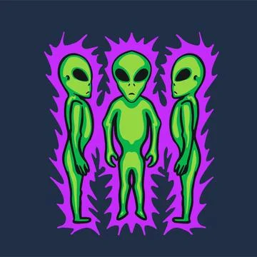 3 alien standing cartoon character design for streetwear merch Stock Illustration