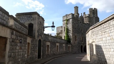 3 axis gimbal shot walking along a street at windsor castle Stock Footage 83494456
