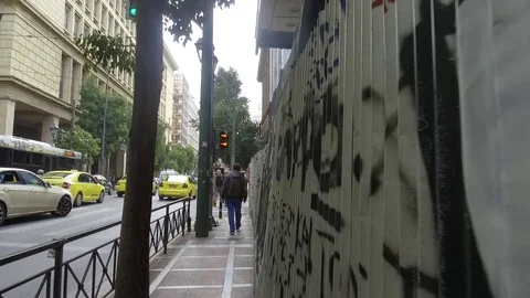 3 Axis Gimbal Shot Walking In Athens Stock Footage 86339785