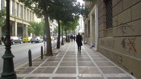3 Axis Gimbal Shot Walking In Athens Stock Footage 86339845