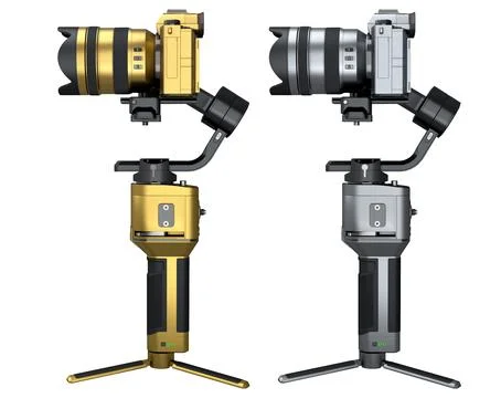 3-axis gimbal stabilization system with nonexistent mirrorless camera on whit Illustrazione stock