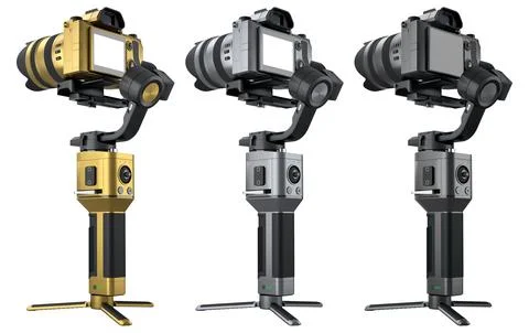 3-axis gimbal stabilization system with nonexistent mirrorless camera on whit Illustrazione stock
