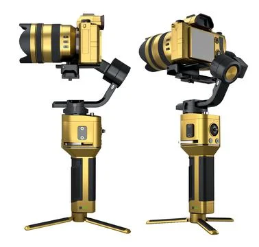 3-axis gimbal stabilization system with nonexistent mirrorless camera on whit Illustrazione stock